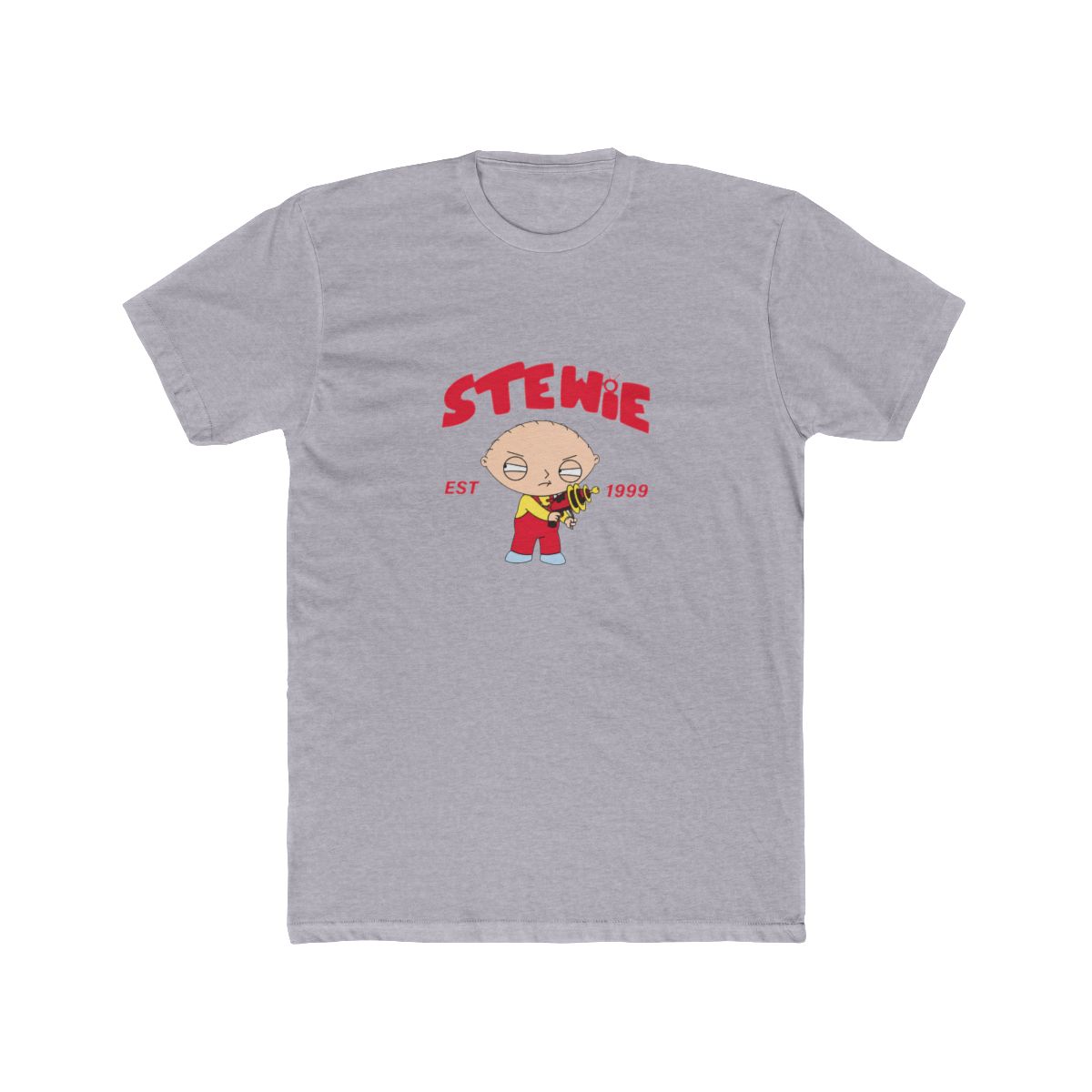 Black T Shirt with a graphic of Stewie Griffin from Family Guy. The red text above the character reads "STEWIE" with "EST 1999" below. Stewie is shown in his iconic red overalls and yellow top - alternate angle 5, merchandise