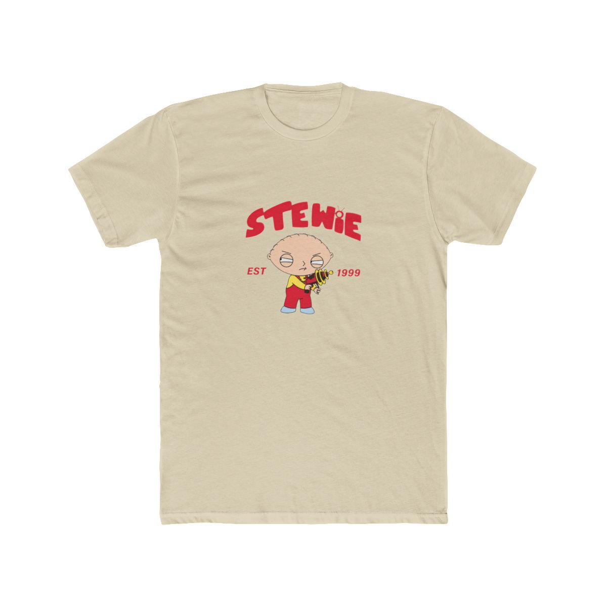 Black T Shirt with a graphic of Stewie Griffin from Family Guy. The red text above the character reads "STEWIE" with "EST 1999" below. Stewie is shown in his iconic red overalls and yellow top - alternate angle 4, merchandise