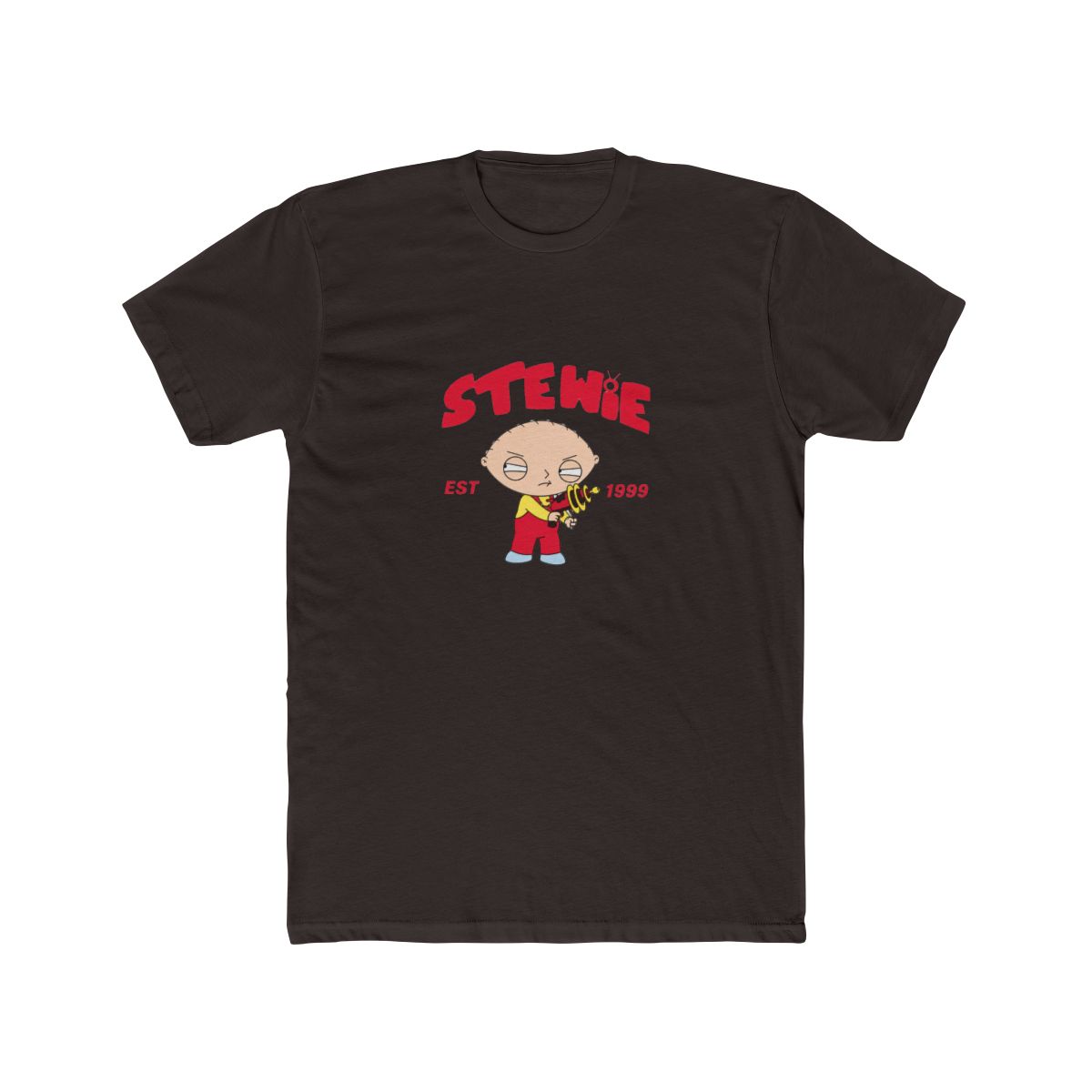 Black T Shirt with a graphic of Stewie Griffin from Family Guy. The red text above the character reads "STEWIE" with "EST 1999" below. Stewie is shown in his iconic red overalls and yellow top - alternate angle 3, merchandise