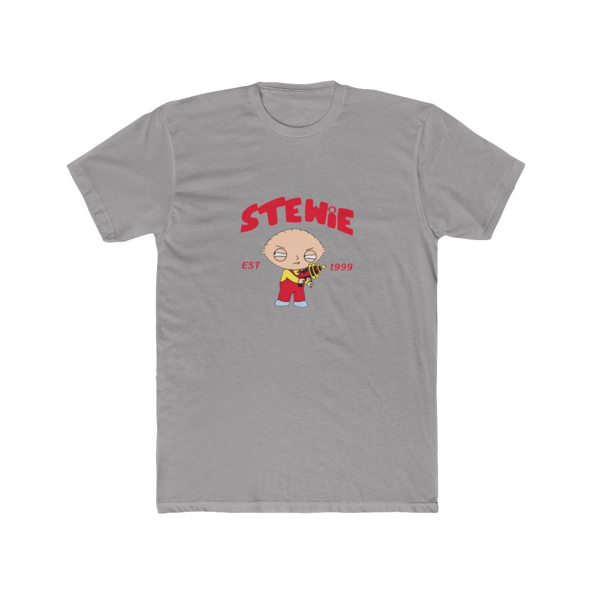 Black T Shirt with a graphic of Stewie Griffin from Family Guy. The red text above the character reads "STEWIE" with "EST 1999" below. Stewie is shown in his iconic red overalls and yellow top - alternate angle 2, merchandise