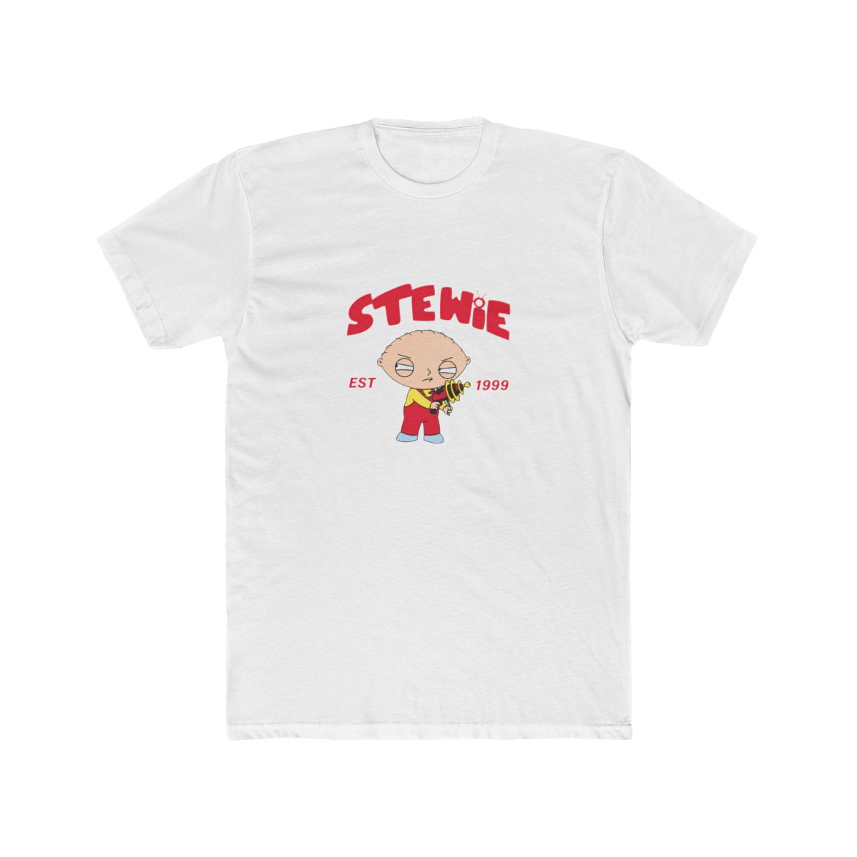 Black T Shirt with a graphic of Stewie Griffin from Family Guy. The red text above the character reads "STEWIE" with "EST 1999" below. Stewie is shown in his iconic red overalls and yellow top