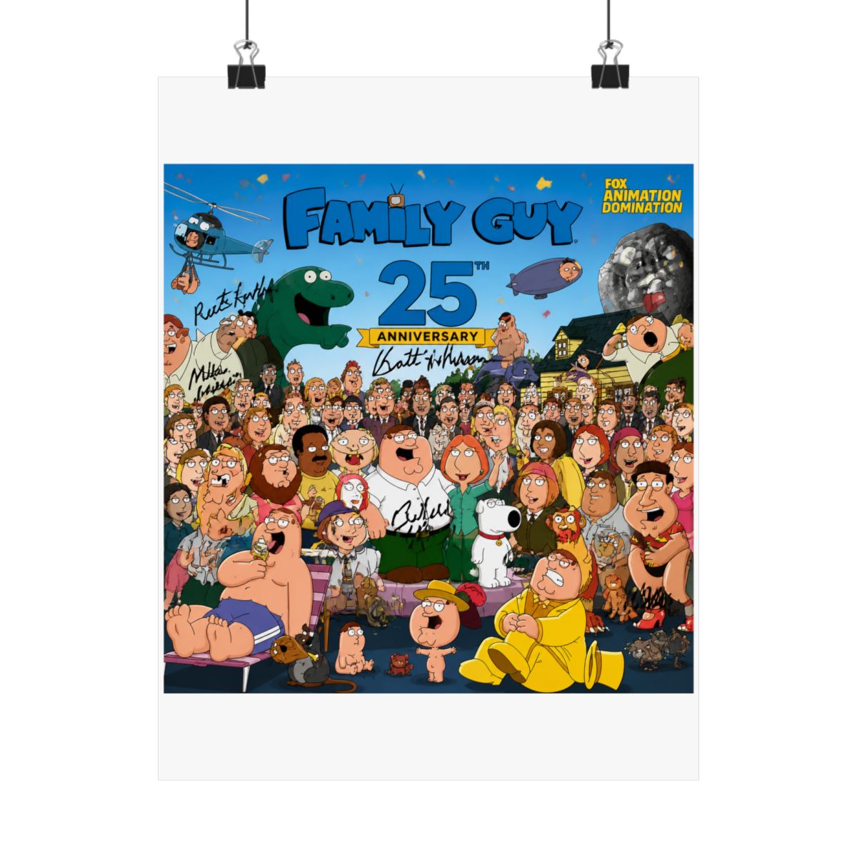 A Family Guy 25th Anniversary poster with a large group of cartoon characters, including Peter Griffin. The poster includes signatures and the Fox Animation Domination logo - alternate angle 4, merchandise