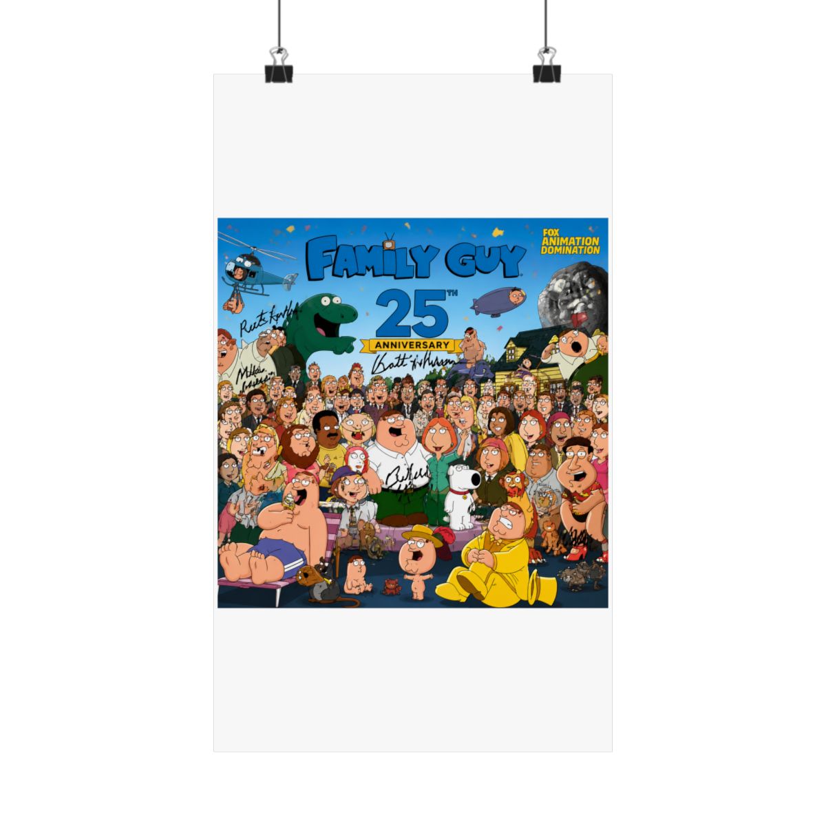 A Family Guy 25th Anniversary poster with a large group of cartoon characters, including Peter Griffin. The poster includes signatures and the Fox Animation Domination logo - alternate angle 5, merchandise