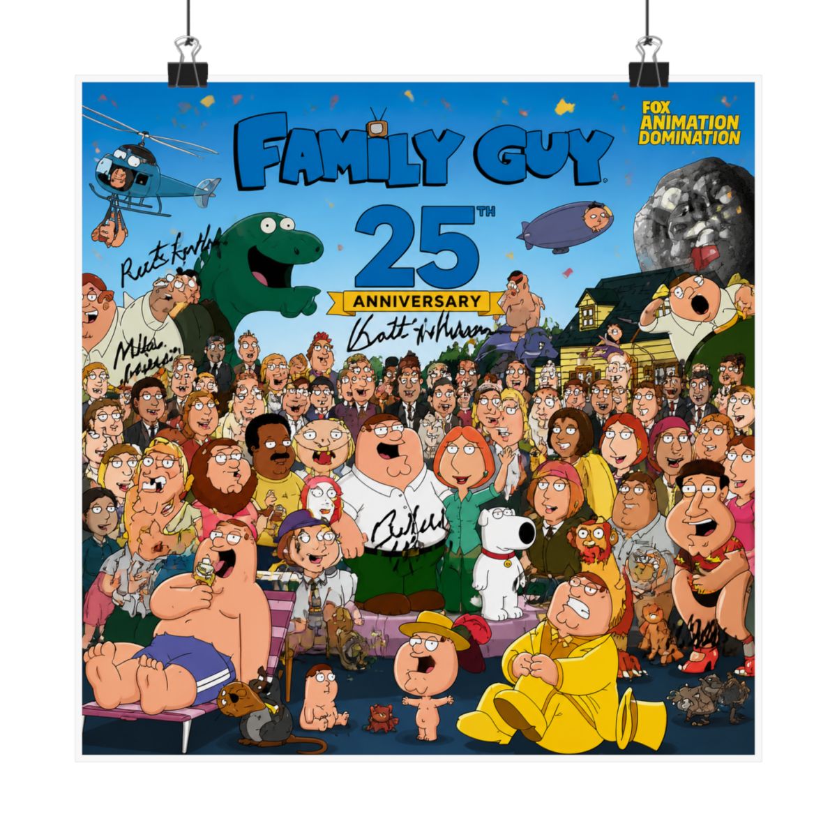 A Family Guy 25th Anniversary poster with a large group of cartoon characters, including Peter Griffin. The poster includes signatures and the Fox Animation Domination logo - alternate angle 5, merchandise