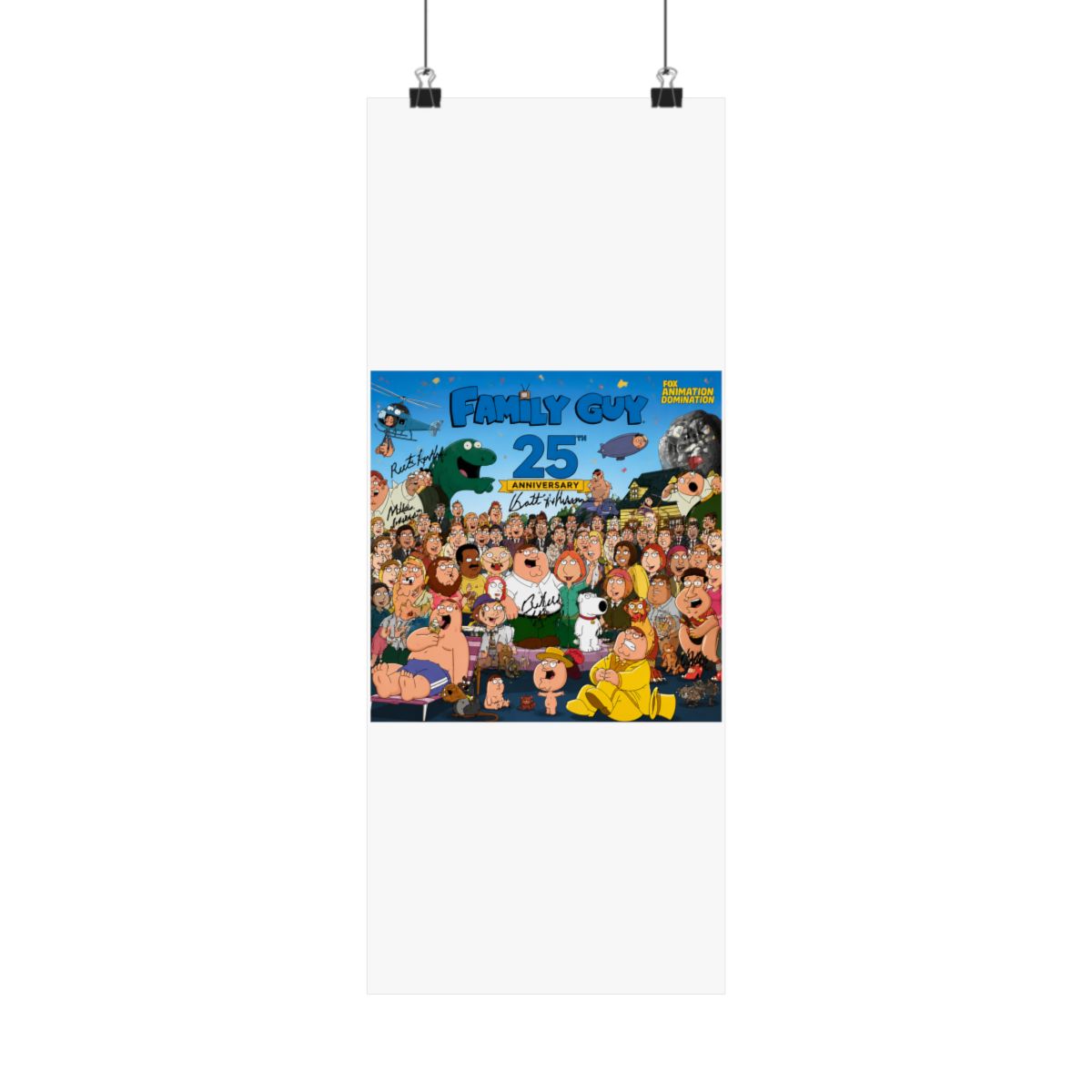 A Family Guy 25th Anniversary poster with a large group of cartoon characters, including Peter Griffin. The poster includes signatures and the Fox Animation Domination logo - alternate angle 2, merchandise