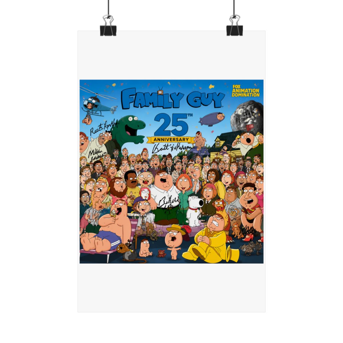 A Family Guy 25th Anniversary poster with a large group of cartoon characters, including Peter Griffin. The poster includes signatures and the Fox Animation Domination logo - alternate angle 1, merchandise
