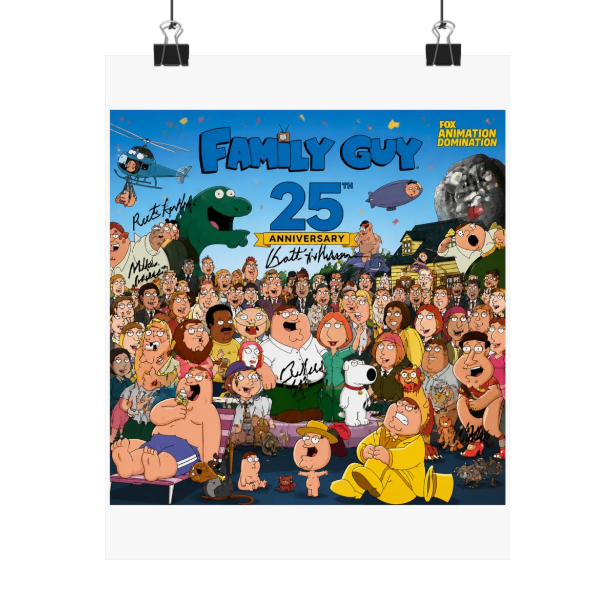 A Family Guy 25th Anniversary poster with a large group of cartoon characters, including Peter Griffin. The poster includes signatures and the Fox Animation Domination logo