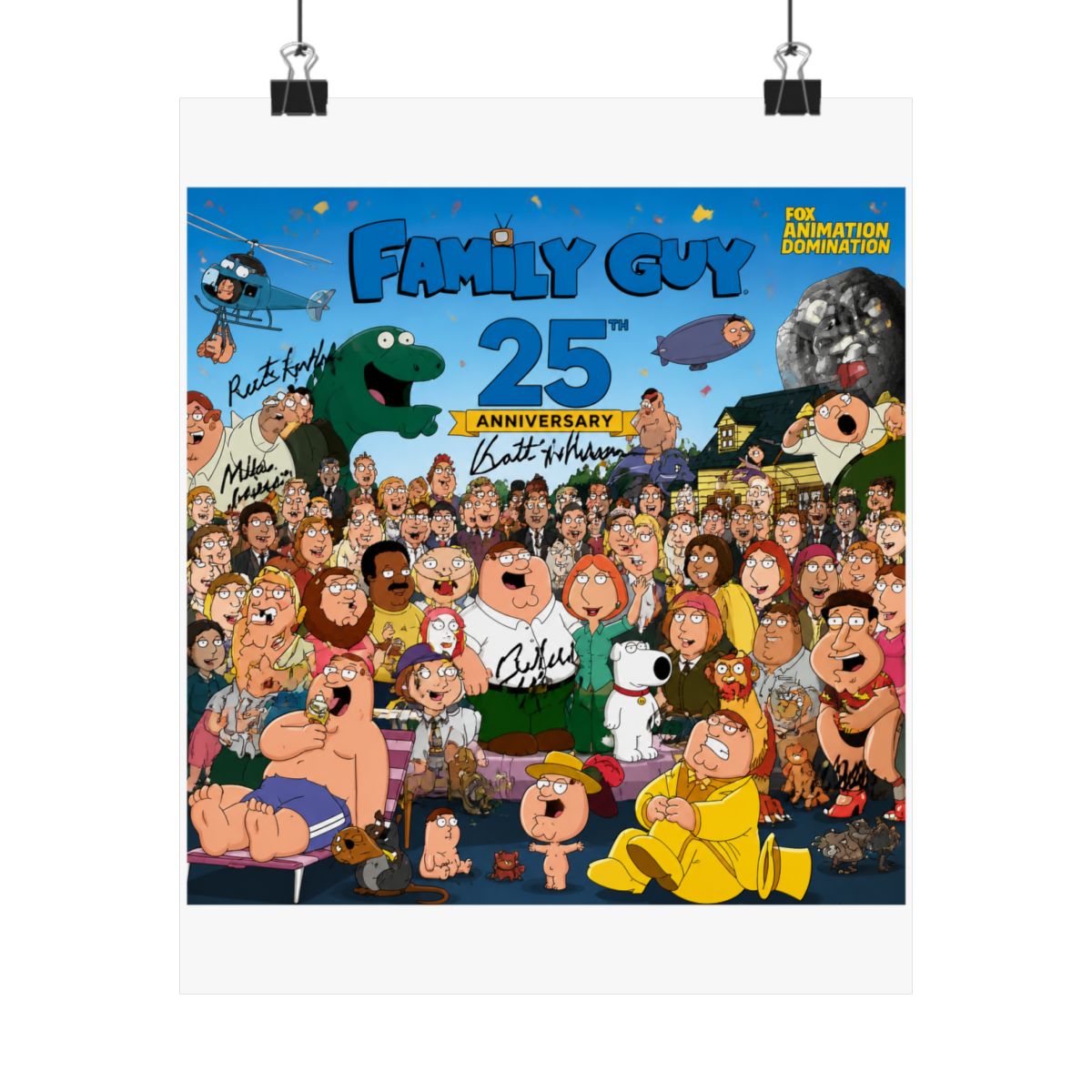 A Family Guy 25th Anniversary poster with a large group of cartoon characters, including Peter Griffin. The poster includes signatures and the Fox Animation Domination logo - alternate angle 3, merchandise